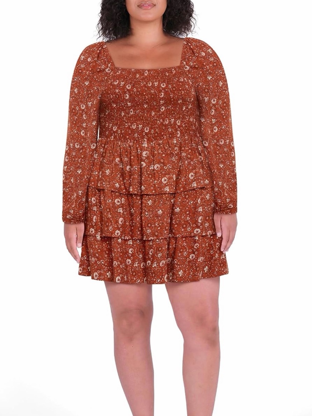 City Chic Rust Floral Smocked Tiered Mini Dress